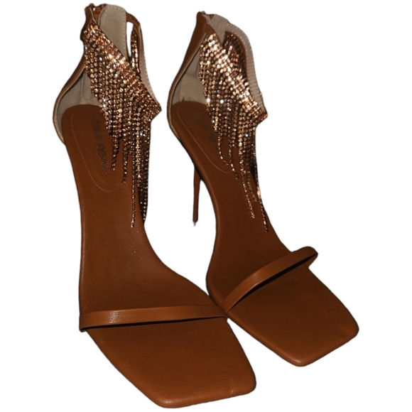 Public Desire Shoes - NWOT Public Desire Rhinestone Tassel Ankle Strap Skinny Heels